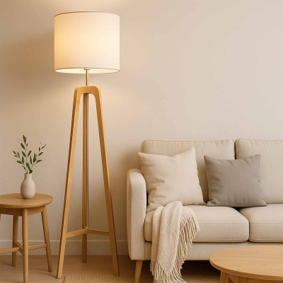 COD. 9048 LAMPADAIRE EN BOIS DE FRÊNE VERNI NATUREL ET ABAT-JOUR EN TISSU TC COULEUR BEIGE