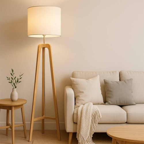 KOD. 9048 STEHLAMPE AUS ESCHENHOLZ MIT NATURFARBENER LACKIERUNG UND TC-STOFF IN BEIGE