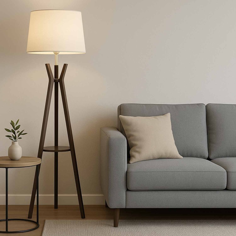 COD. 9049 LAMPADAIRE EN BOIS COULEUR ACAJOU ET ABAT-JOUR EN TISSU TC COULEUR BEIGE