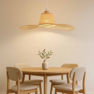 CÓD. 9052 PENDENTE 1L EM MADEIRA, FIBRAS NATURAIS E AÇO PINTADO DE BRANCO Ø60CM