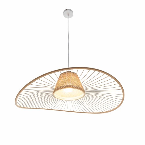 COD. 9053 SUSPENSION 1L EN BOIS, FIBRES NATURELLES ET ACIER PEINT BLANC Ø80CM