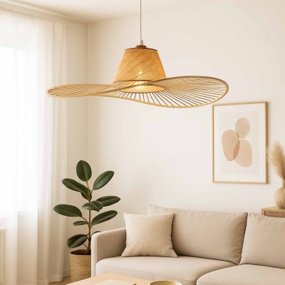 COD. 9053 COLGANTE 1L MADERA, FIBRAS NATURALES  Y ACERO PINTADO BLANCO Ø80CM