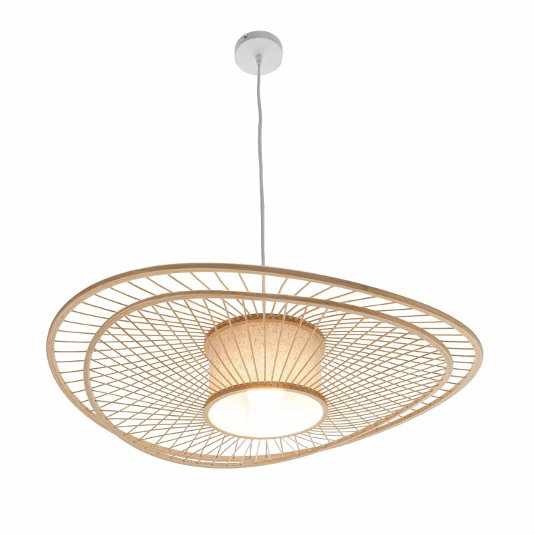 COD. 9056 SUSPENSION 1L BOIS, TISSU TC ET ACIER PEINT BLANC Ø70CM
