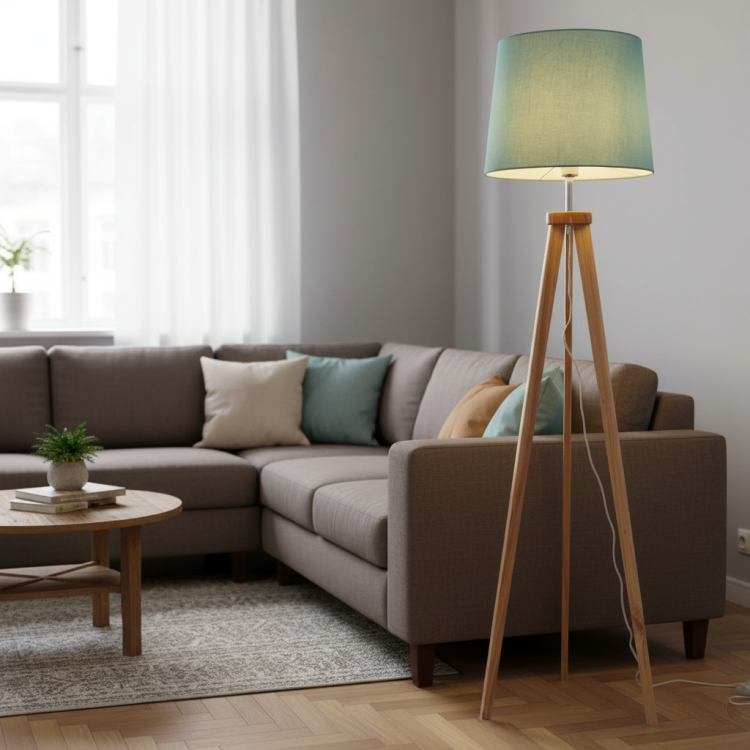 CÓD. 9059 PIED DE SALON EN BOIS DE FRÊNE AVEC VERNIS NATUREL ET TISSU TC COULEUR AIGUE-MARINE