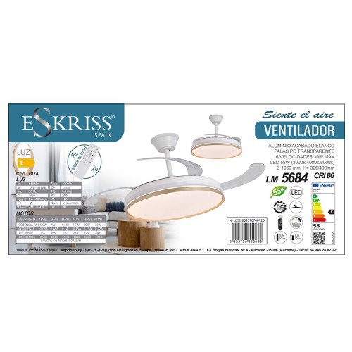 COD. 7074 VENTILATORE DA SOFFITTO LED DC BIANCO E ORO 106 CM