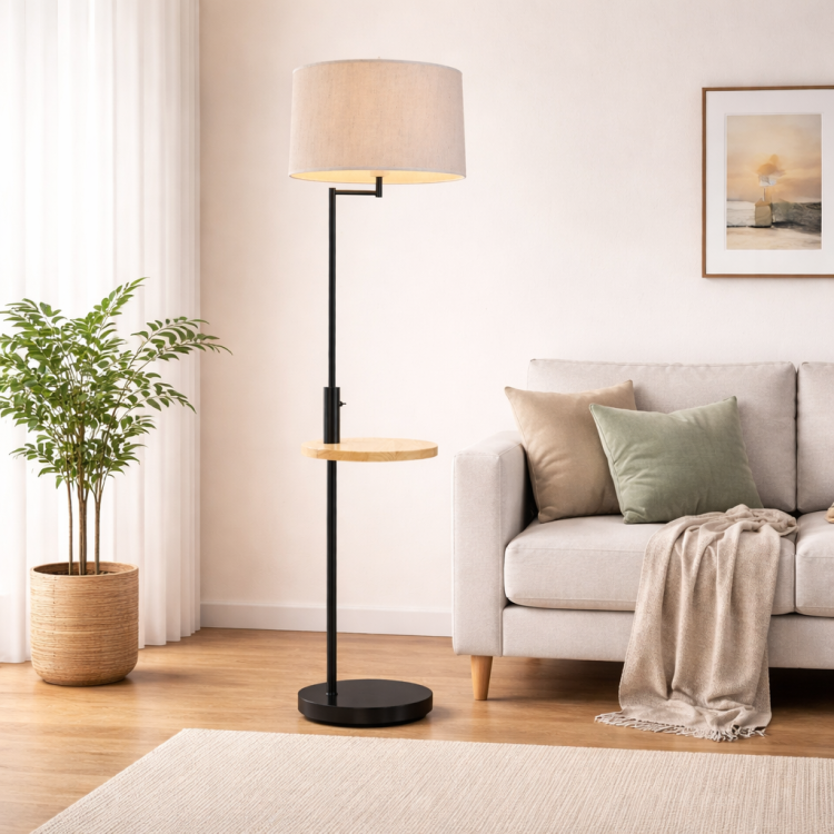 RÉF. 3142 LAMPADAIRE EN ACIER PEINT NOIR, BOIS ET TEXTILE COULEUR BEIGE