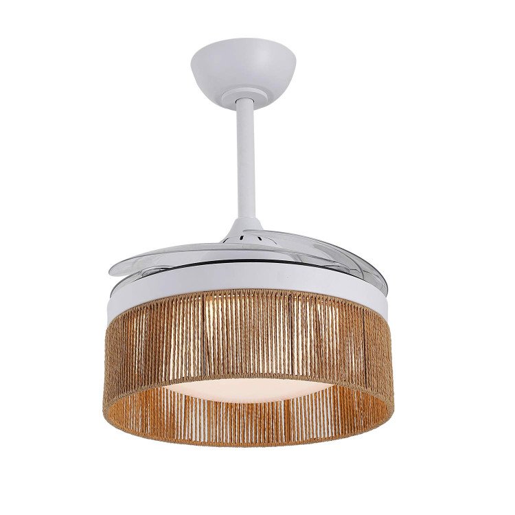 ART.-NR. 7076 LED-DC-DECKENVENTILATOR WEISS UND NATURGARNSEIL 38W Ø91CM
