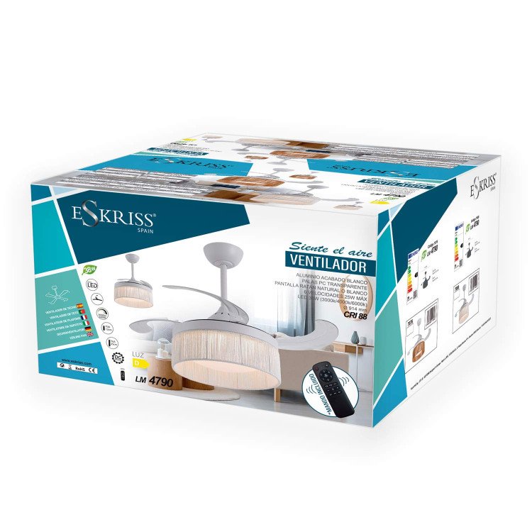 CODE 7076 VENTILATEUR LED DC BLANC ET CORDE EN FIL NATUREL 38W Ø91CM