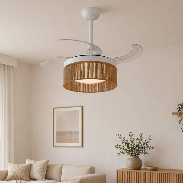 CÓD.7076 VENTILADOR LED DC BLANCO Y CUERDA DE HILO NATURAL 38W Ø91CM