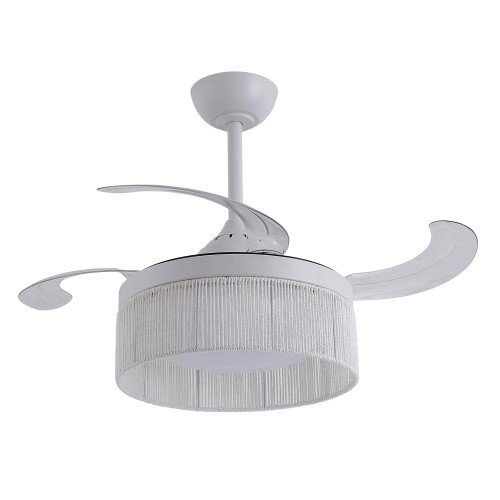 ART.-NR. 7089 LED-DC-DECKENVENTILATOR WEISS UND WEISSES NATURGARNSEIL 38W Ø91CM