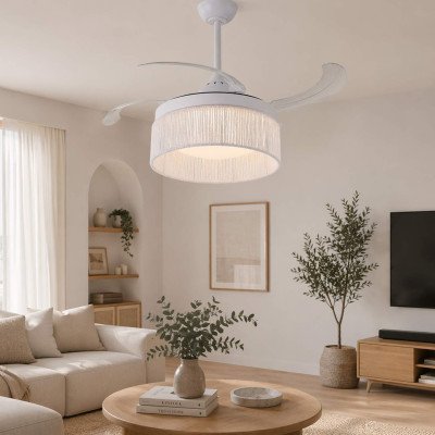 COD. 7089 VENTILATORE LED DC BIANCO E CORDA DI FILO NATURALE BIANCA 38W Ø91CM