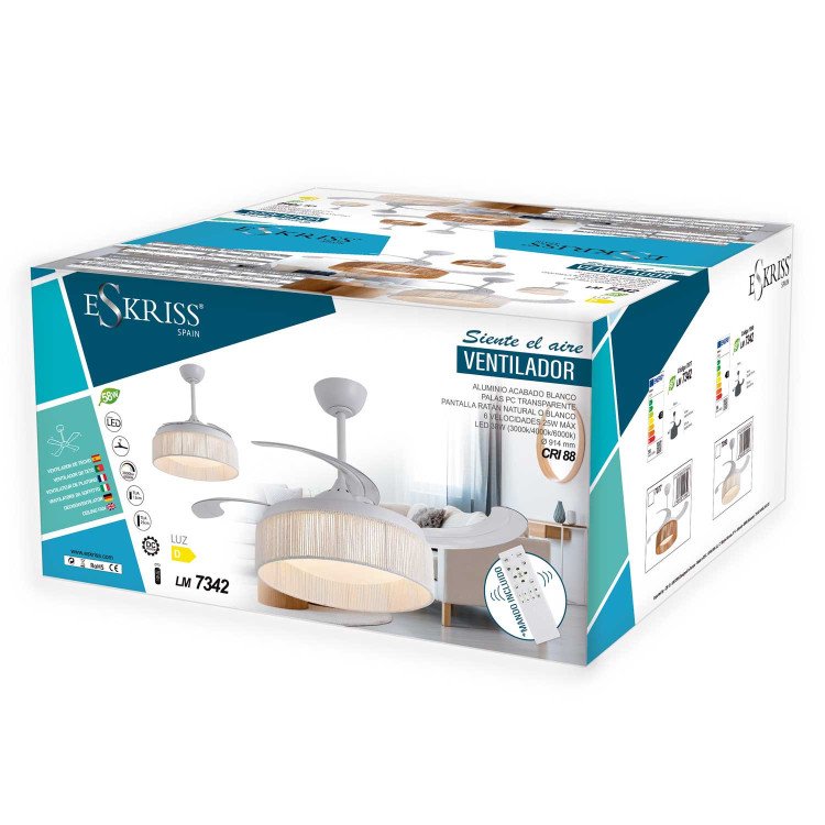 ART.-NR. 7077 LED DC VENTILATOR WEISS UND NATURFASERSEIL 58W Ø106CM