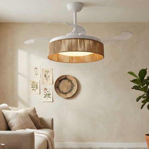 ART.-NR. 7077 LED DC VENTILATOR WEISS UND NATURFASERSEIL 58W Ø106CM