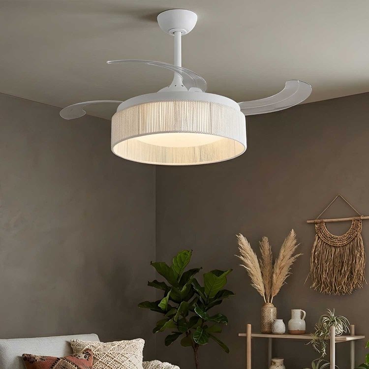 CÓD.7090 VENTILADOR LED DC BRANCO E CORDA DE FIO NATURAL BRANCO 58W Ø106CM