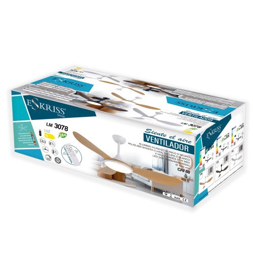 CÓD.7084 VENTILADOR LED DC BRANCO E PÁS ABS MADEIRA CLARA 24W Ø132CM