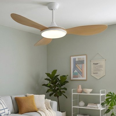 ART.-NR.7084 DC-LED-DECKENVENTILATOR WEISS UND ABS-FLÜGEL HELLES HOLZ 24W Ø132CM