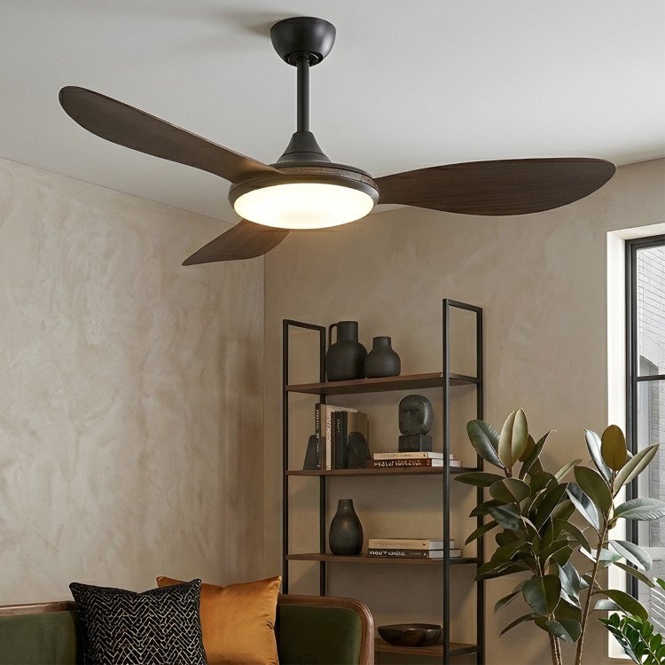 CÓD.7085 VENTILADOR LED DC PRETO E PÁS ABS MADEIRA ESCURA 24W Ø132CM