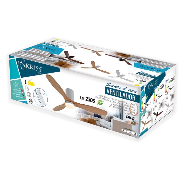 CÓD.7080 VENTILADOR LED DC BLANCO Y PALAS MADERA CLARA 18W Ø132CM