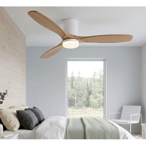 ART.-NR. 7080 LED-DECKENVENTILATOR DC WEISS UND FLÜGEL AUS HELLEM HOLZ 18W Ø132CM