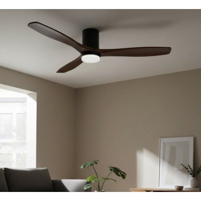 ART.-NR. 7081 LED-DECKENVENTILATOR DC SCHWARZ UND FLÜGEL AUS DUNKLEM HOLZ 18W Ø132CM