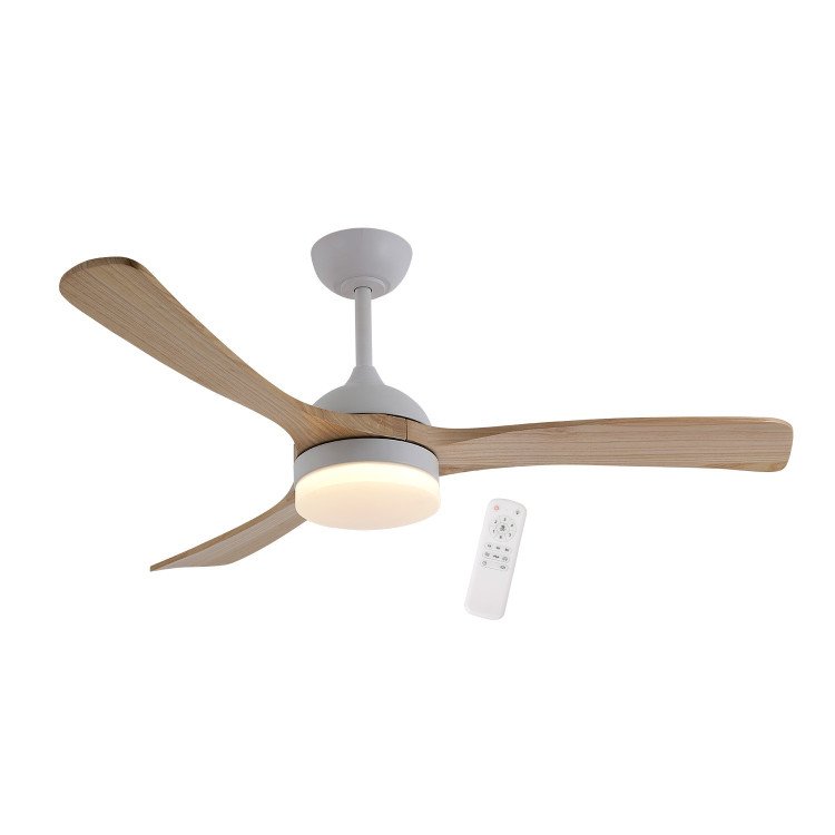 ART.-NR. 7082 LED-DECKENVENTILATOR DC WEISS UND FLÜGEL AUS HELLEM HOLZ 20W Ø132CM