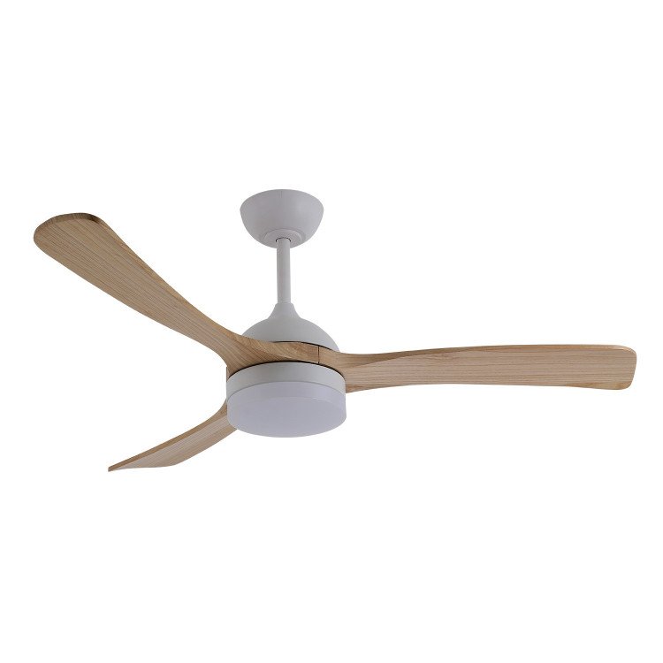ART.-NR. 7082 LED-DECKENVENTILATOR DC WEISS UND FLÜGEL AUS HELLEM HOLZ 20W Ø132CM