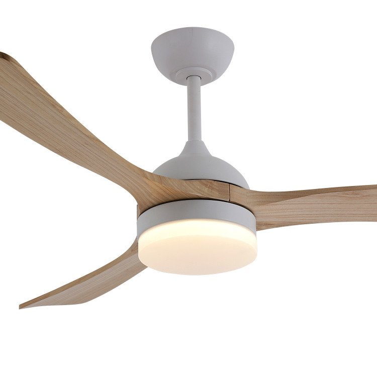 CÓD. 7082 VENTILADOR LED DC BRANCO E PÁS DE MADEIRA CLARA 20W Ø132CM