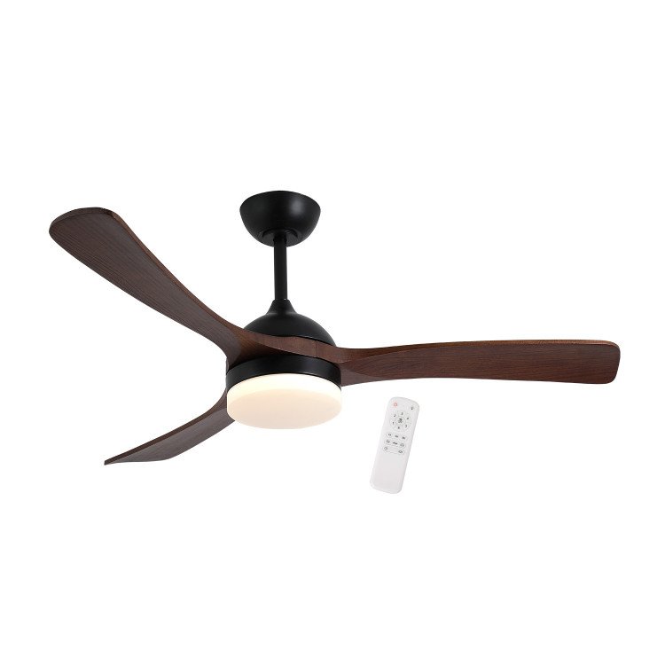 ART.-NR. 7083 LED-DECKENVENTILATOR DC SCHWARZ UND FLÜGEL AUS DUNKLEM HOLZ 20W Ø132CM