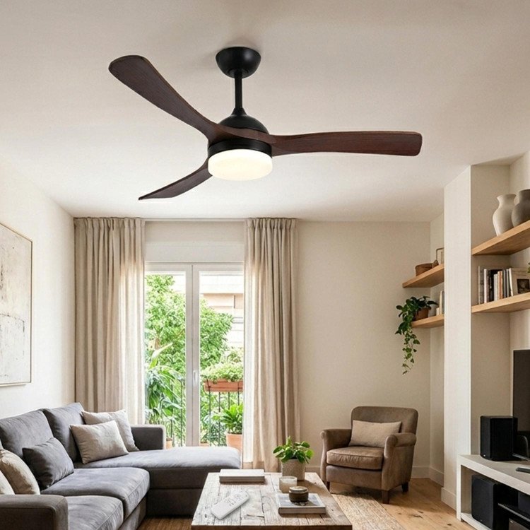 CÓD.7083 VENTILADOR LED DC NEGRO Y PALAS MADERA OSCURA 20W Ø132CM
