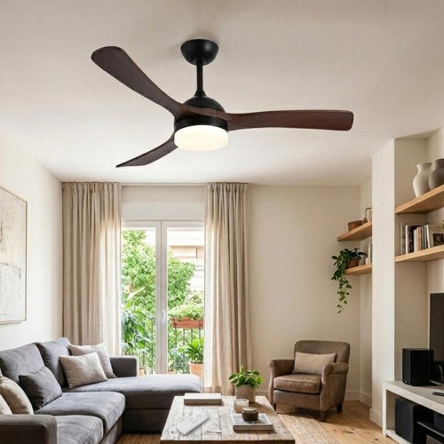 COD. 7083 VENTILATORE LED DC NERO E PALE IN LEGNO SCURO 20W Ø132CM