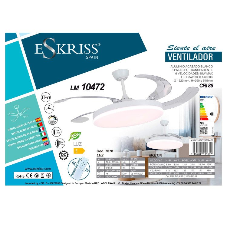 REF.7078 VENTILATEUR LED DC BLANC 5 PALES ESCAMOTABLES 95W Ø132CM