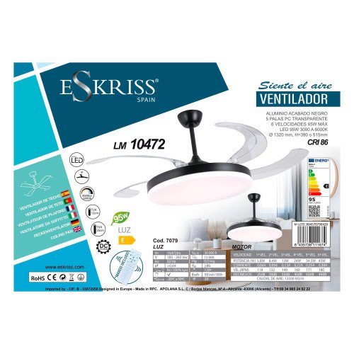 ART.-NR. 7079 LED-DECKENVENTILATOR DC SCHWARZ 5 EINKLAPPBARE FLÜGEL 95W Ø132CMØ132CM