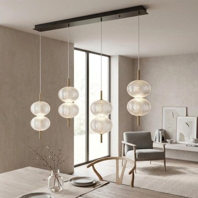 CÓD.3337 COLGANTE RECTANGULAR 4 LUCES ACRÍLICO Y ACERO DORADO