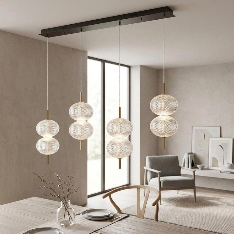 CÓD.3337 COLGANTE RECTANGULAR 4 LUCES ACRÍLICO Y ACERO DORADO