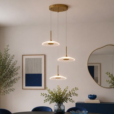 ART.-NR. 3363 3-FLAMMIGE LED-HÄNGELEUCHTE AUS KRISTALL UND GOLD LACKIERTEM STAHL 20W