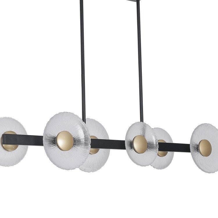 ART.-NR. 3365 LED-LEUCHTE AUS SCHWARZ LACKIERTEM STAHL MIT 6 SCHIRMEN AUS GOLDFARBENEM STAHL UND GLAS – 41 W