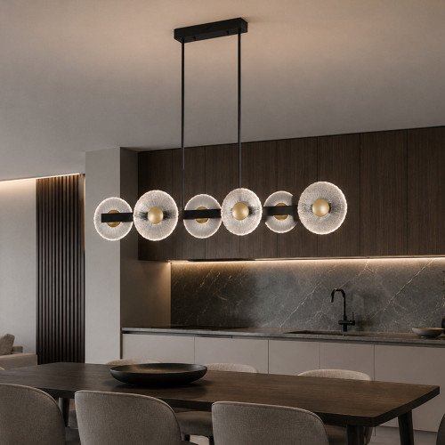 COD. 3365 LAMPADA LED IN ACCIAIO VERNICIATO NERO CON 6 PARALUMI IN ACCIAIO DORATO E VETRO – 41 W