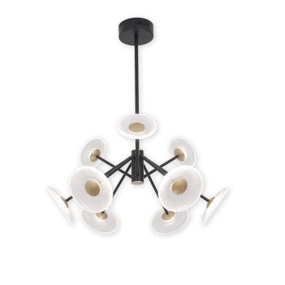 CÓD.3366 LÁMPARA LED ACERO PINTADO NEGRO Y 9 TULIPAS ACERO DORADO Y CRISTAL 60W 2