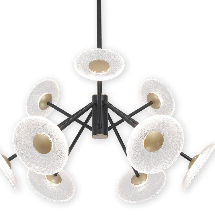 RÉF. 3366 LAMPE LED EN ACIER PEINT NOIR AVEC 9 ABAT-JOURS EN ACIER DORÉ ET VERRE – 60 W