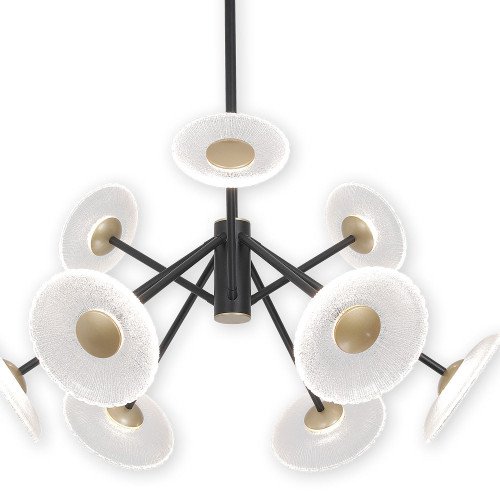 ART.-NR. 3366 LED-LEUCHTE AUS SCHWARZ LACKIERTEM STAHL MIT 9 SCHIRMEN AUS GOLDFARBENEM STAHL UND GLAS – 60 W