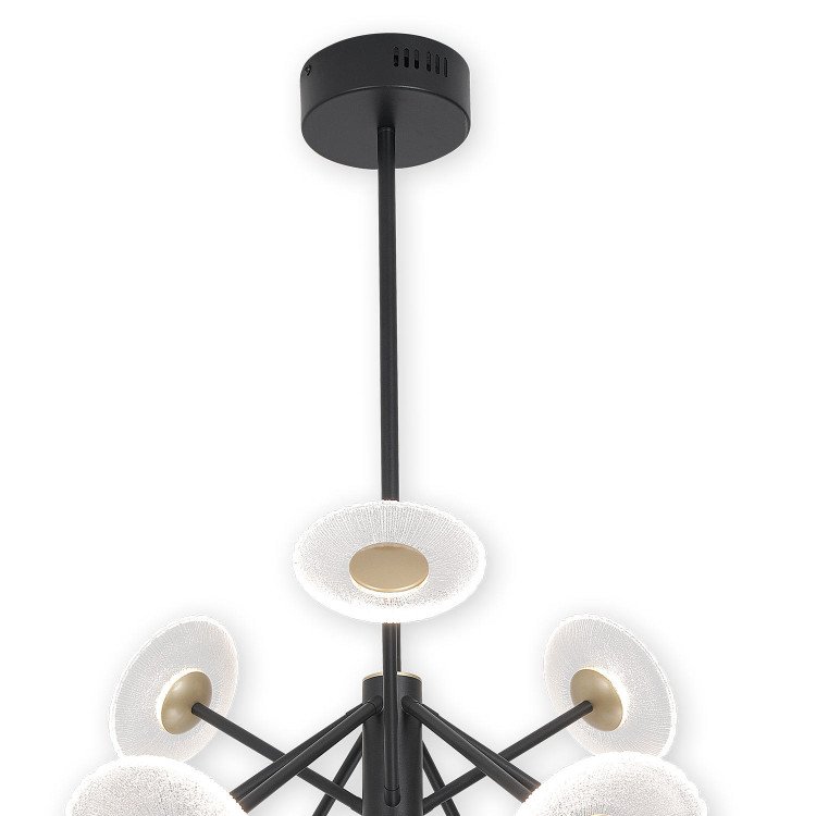 RÉF. 3366 LAMPE LED EN ACIER PEINT NOIR AVEC 9 ABAT-JOURS EN ACIER DORÉ ET VERRE – 60 W