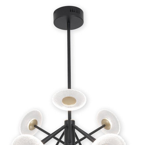RÉF. 3366 LAMPE LED EN ACIER PEINT NOIR AVEC 9 ABAT-JOURS EN ACIER DORÉ ET VERRE – 60 W
