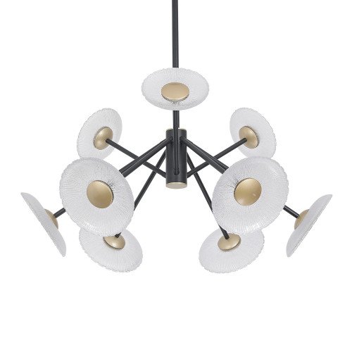ART.-NR. 3366 LED-LEUCHTE AUS SCHWARZ LACKIERTEM STAHL MIT 9 SCHIRMEN AUS GOLDFARBENEM STAHL UND GLAS – 60 W
