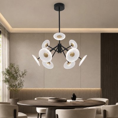 REF. 3366 CANDEEIRO LED EM AÇO PINTADO PRETO COM 9 TULIPAS EM AÇO DOURADO E VIDRO – 60 W