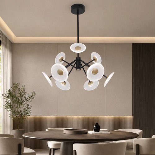COD. 3366 LAMPADA LED IN ACCIAIO VERNICIATO NERO CON 9 PARALUMI IN ACCIAIO DORATO E VETRO – 60 W