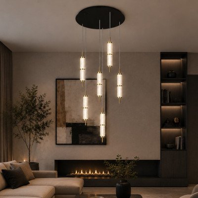 CÓD.3374 LÁMPARA 6 LUCES ACRÍLICO Y ACERO DORADO