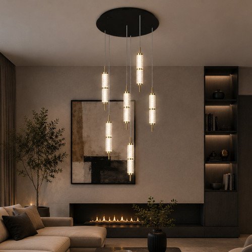 RÉF. 3374 LUSTRE 6 LUMIÈRES EN ACRYLIQUE ET ACIER DORÉ