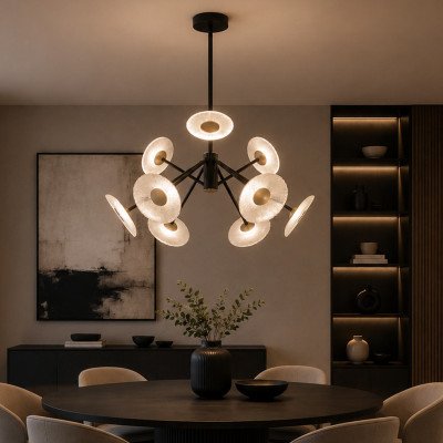 RÉF. 3366 LAMPE LED EN ACIER PEINT NOIR AVEC 9 ABAT-JOURS EN ACIER DORÉ ET VERRE – 60 W