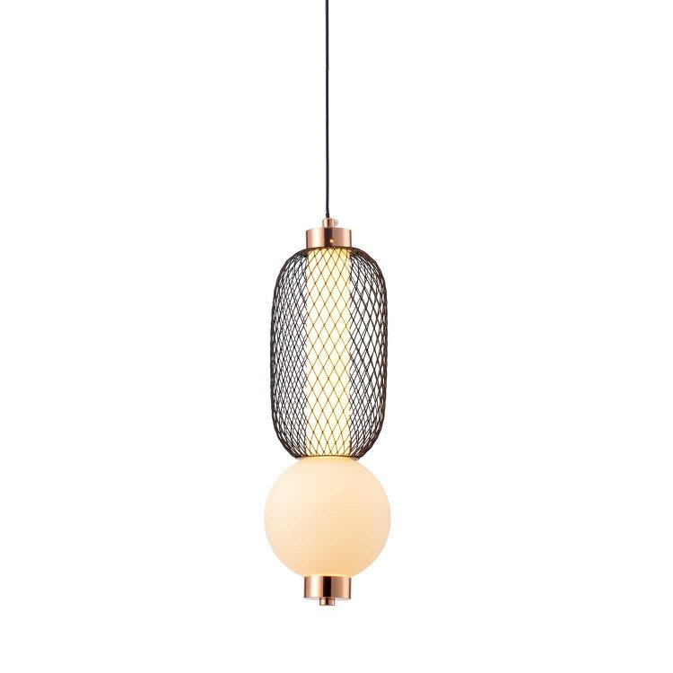 CÓD.3369 COLGANTE LED REJILLA ,BOLA CRISTAL MATE Y ACRÍLICO 13 X 37 CM