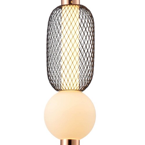 CÓD.3369 CANDEEIRO SUSPENSO LED COM GRELHA, BOLA EM VIDRO FOSCO E ACRÍLICO 13 X 37 CM